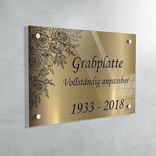 GRAVURE CONCEPT Personalisierte Gedenktafel aus Troglass – Grabplatte für Grabstein oder Urnengrab – Farbe, Motiv und Größe individuell wählbar (Hintergrund Antikgold - 20 x 30 cm)