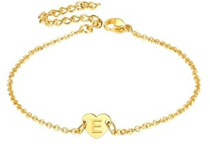 FaithHeart Bracelet avec Charm Femme Lettre E avec Inoxydable Chaîne Fine Bracelet Initiale E Plaqué Or Réglable 21cm