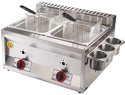Friteuse à gaz à double cylindre professionnelle, 20L Friteuse à croustilles de poulet en acier inoxydable avec cuillère à panier pour la cuisine commerciale de la maison du restauran