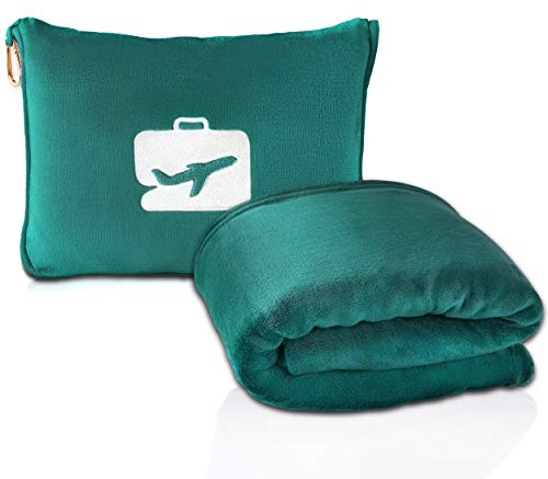 EverSnug Manta de Viaje y Almohada – Premium Suave 2 en 1 Manta de avión con Bolsa Suave, Funda de Almohada para Equipaje de Mano y Clip para Mochila (Verde Azulado)