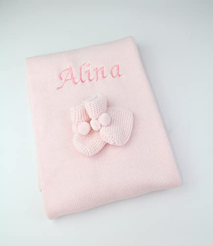 minisworld Baby Decke Strickdecke mit Schühchen personalisiert (Peach)