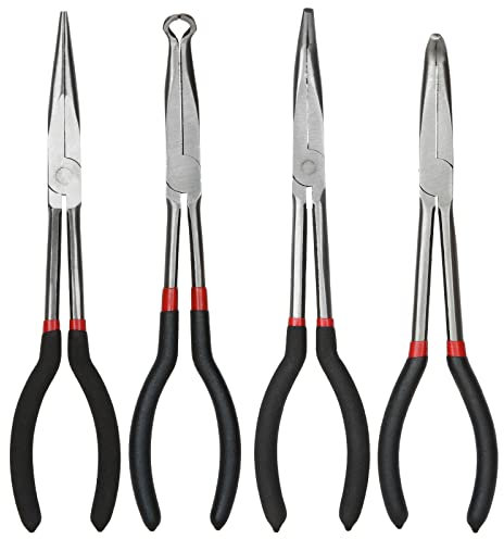 4 Pack Needle Nose Pliers Set, 11 inch Long Reach Plier, Straight Needle Noses Plier, 45 & 90 Degree Angle Curved Needle Nose Pliers,Spark Plug Removal Tool