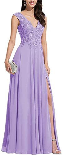 KURFACE Apliques de encaje vestidos de dama de honor con cuello en V de hendidura formal de boda fiesta vestidos de bola para mujeres, Lila, 18