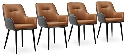 CLIPOP Esszimmerstühle 4er Set mit Armlehne Kunstleder Gepolstert Küchenstuhl,Akzent Sessel Esszimmerstuhl Colorblock Loungesessel Wohnzimmer Empfangstühle für Esszimmer Küche,Braun-Grau