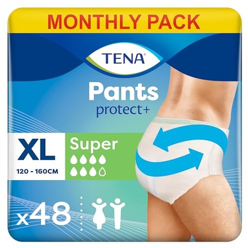 TENA Pants Super, 48 pairs, Unisex Incontinence Pants (4 x 12 packs) for Women and Men with Heavy Bladder Weakness, Designed for Everyday Life with Triple Protection and Dual Absorption Zones, Size XL