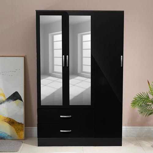 PALAKLOT High Gloss 3 Door Mirrored & 2 Drawer Wardrobe | Modular Cabinet for Space Saving | Ideal Storage Organizer (Black)