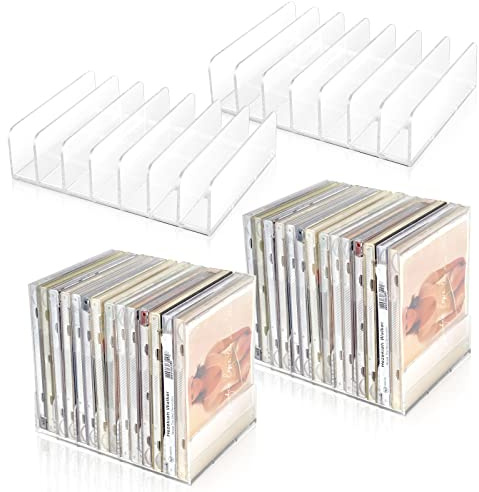 DLUGOPIS CD-Halter aus transparentem Acryl mit Gummifüßen, stapelbar, CD-/DVD-Display, Organizer, Ständer, CD-Tablett, hält bis zu 14 CD-Hüllen für Medien-Regal, keine DVD, 17 x 12,7 x 4,1 cm, 4 Stück