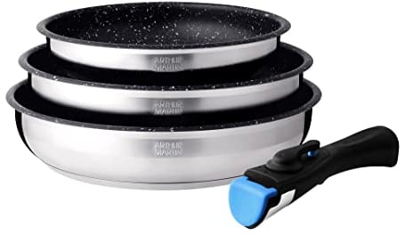Arthur Martin AM9728 Set de 3 poêles avec revethement anti adhérent Acier Inoxydable Poignée amovible Tous feux dont induction