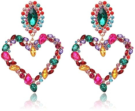 Adramata Clip Ohrring für Damen Strass Ohrring Clip Große Herz Ohrringe mit Anhänger Geometrische Ohrclips Damen Ohne Ohrlöcher Modische Bunte Gefälschte Strass Ohrringe Non Piercing