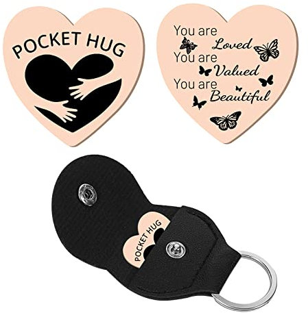 CREATCABIN Heart Pocket Hug Token Butterfly Long Distance Relationship Keepsake Keychain Stainless Steel Double Sided with Leather Keychain Gift for Family Friends Daughter Women Rose Gold 1Inch