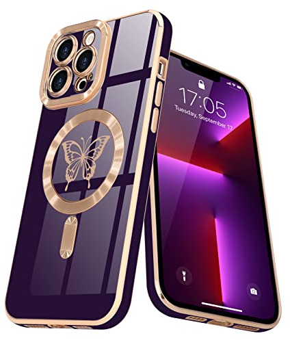 Lafunda Magnetisch Hülle für iPhone 13 pro Handyhülle Schutzhülle Kamera-Vorsprung Case Schmetterling Vergoldung Glitzer Mädchen Stoßfest Cover für iPhone 13 pro Lila