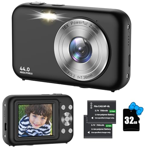 Appareil Photo Numérique Compact avec Carte 32Go, 1080P 44MP Appareil Photo Enfant avec 16X Digital Zoom et 2 Batterie, Rechargeables Appareil Photo pour Enfant,Adolescent, Adulte, Débutant (Noir)