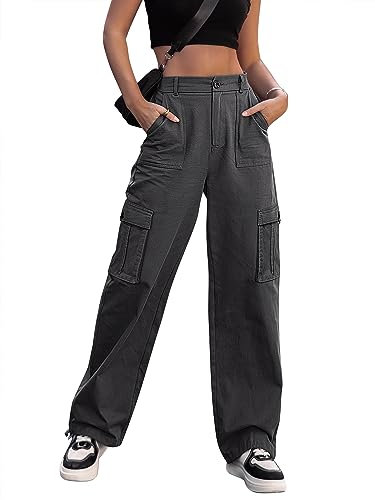 Breampot Womens Cargo Trousers High Waist Hiking Walking Combat Pants Casual Work Bottoms Outdoor Streetwear(Dark Grey,Large)