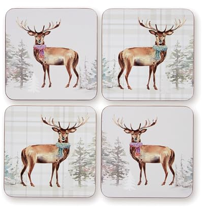 Cooksmart Getränkeuntersetzer, Britisches Design, Öko-Kork-Untersetzer für Moderne Häuser, Untersetzer für Getränke für alle Arten von Tassen und Bechern, Weihnachts-Hirsch, 4 Stück
