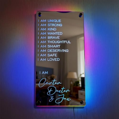 VEELU Personalisierte Neonschild Spiegel mit Namen - Individuelles Led Leuchttafel mit Buchstaben - Nachtlicht für Wanddekoration Schlafzimmer, Licht für Mutter, Frau, Freundin