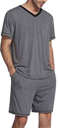 Ekouaer Mens Pajama Set Short Sleeve V Neck 2 Piece Nightwear Shorts With Pockets Summer Sleepwear PJS for Men Gray XL