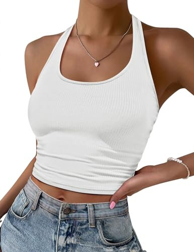 Ekouaer Neckholder Top Damen Karneval Crop Tops Rückenfrei Sommer Ärmellose U-Ausschnitt Oberteil Gestrickt, Weiß XL