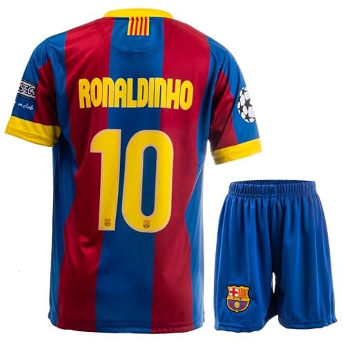 NIHMEX Barcelona Legende Ronaldinho #10 Retro Seltenes Fußball Kinder Trikot Shorts Set Jugendgrößen (Ronaldinho Blau,140)
