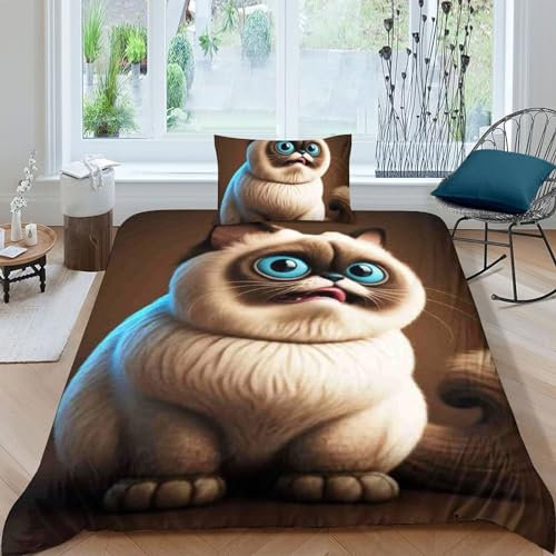 DRALCO Meme Funny Cat Bettwäsche Set,3 teiliges Set,pflegeleichter Bettbezug,Bettbezug,Kissenbezüge mit Reißverschluss,weiche Mikrofaser,135x200cm