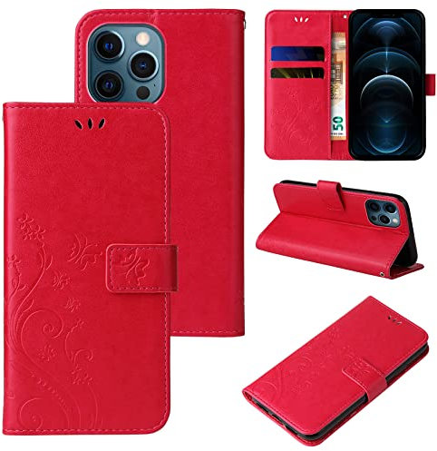 LBH Handy Hülle für Apple iPhone 12 Pro Max Case Handytasche Schmetterling Blumen Flower Standfunktion Schutzhülle Magnet Rundum Schutz 360 Grad Flipcase Cover Rot