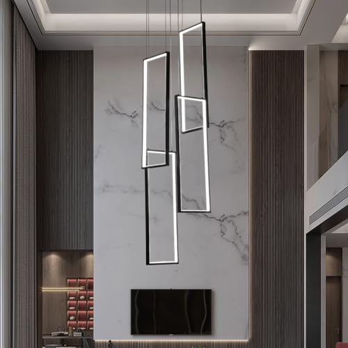 ZenithBeam Treppenhaus Kronleuchter Modern,150Cm Hoch Schwarz Led Pendelleuchte,4 Rechteckige Dimmbar Dekoratives Hängeleuchte FüR Villa Treppe Esszimmer Wohnzimmer,Hohe Decken Pendellampe LüSter