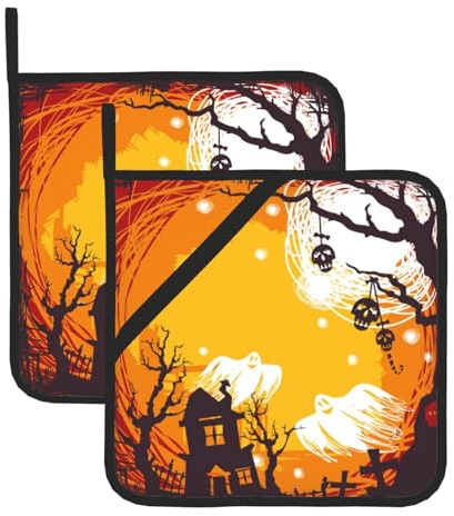 Lot de 2 maniques Orange Halloween pour Cuisine, résistantes à la Chaleur, Coussinets Chauffants pour comptoir de Cuisine, avec maniques en Boucle pour la Cuisson, Les grillades et la pâtisserie