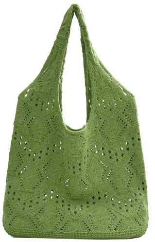 ibalulu Strandtasche Umhängetasche Damen Handtasche Gestrickte Tasche Shopper Tasche Damen-Strick-Love-Häkeltasche Tote Bag Schultertasche für Einkaufen Urlaub Reise (Grün-3)