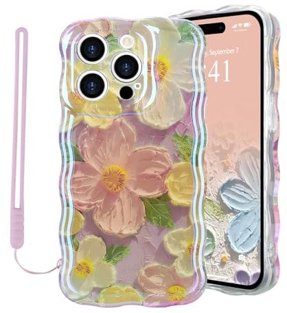 Micoden for iPhone 14 Pro Max Case Oil Retro Floral Print Curly Wave Silicone Case Aesthetic Fashion Flower Girls Women Phone Case with Strap for iPhone 14 Pro Max Lilac