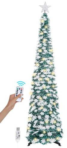 SINTENILL 6 FT Pop Up Christmas Tree with 100 LED Timer Lights & Remote, Green Collapsible Christmas Tinsel Tree Artificial Pencil Tree Xmas Decoration for Holiday Home Office Party, USB Powered