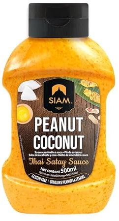 SIAM Salsa Satay de Cacahuete y Coco, 500 ml, Sin Gluten, Contiene cacahuete y Sésamo