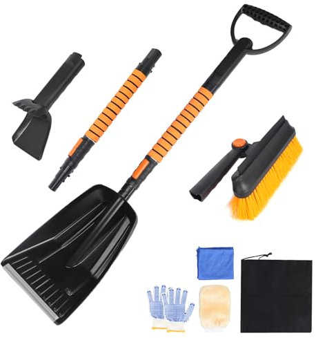 DBREAKS Raschietto per ghiaccio 3 in 1 per auto, spazzola da neve estraibile, pala da neve, pala da neve e pala per sbrinamento, raschietto con scopa, spazzola per la pulizia e spazzola da neve con