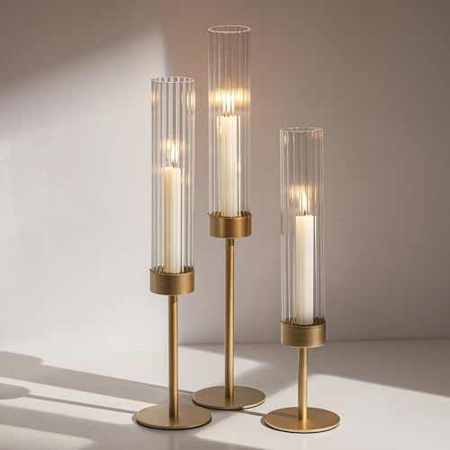 Glasseam Gold Hurricane Taper Candle Holders, 3 Pcs Candlestick with Glass