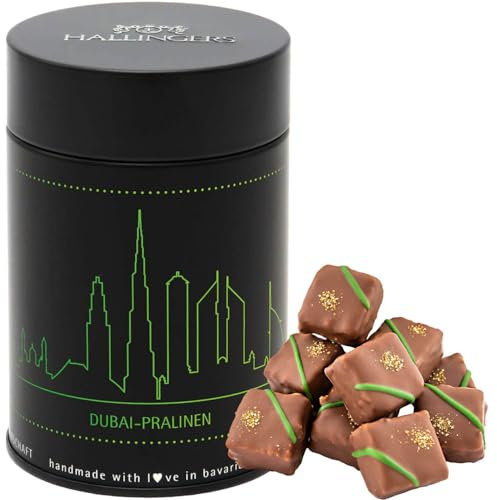 Hallingers Dubai Pralinen - Dubai Style Schokolade Manufaktur Pralinen handgemacht in Bayern ohne Alkohol aus Edelkakao (Dose) - Geschenkideen Weihnachten & Geschenke Adventskalender | Geburtstag Glüc