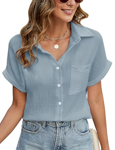 PASUDA Womens Blouse Summer Casual Short Sleeve Shirts V Neck Button Down Shirts Tops Ladies Basic Loose Cotton Tunic T Shirts Top (Blue, L)