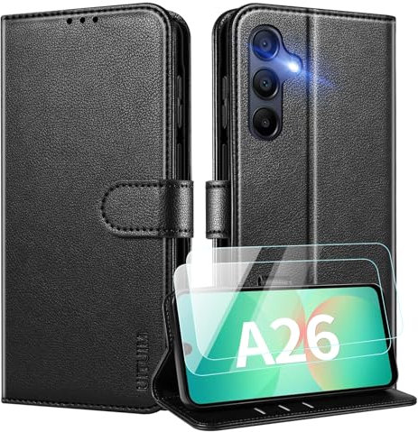 UITUIM Handyhülle für Samsung Galaxy A26 5G Klapphülle Leder Hülle mit 2 Schutzfolie Glas Flip Case Cover Klappbar Tasche Kartenfach Schutzhülle Handytasche für Samsung Galaxy A26 5G,Schwarz