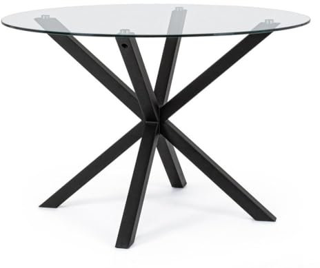 KONTE.DESIGN Mesa Redonda May de Cristal, Pata Cruzada Acero Negro d114 cm
