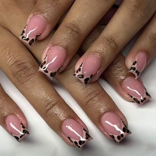 Square False Nails Short, Press On Nails, Leopard Print Pattern Fake Nails with Glue, Glossy Removable French Nail Tips, Stick on Nail for Women Girls DIY Art