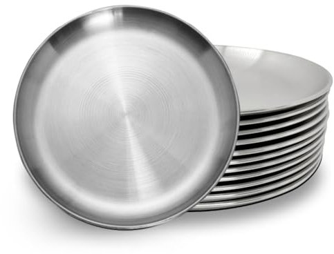 WANBY Stainless Steel Plates 8 inches 12 Pcs Metal Lightweight Steel Plate Unbreakable Dinner Dishes Plates Set Non-Toxin Dishwasher Safe BPA Free and Healthy