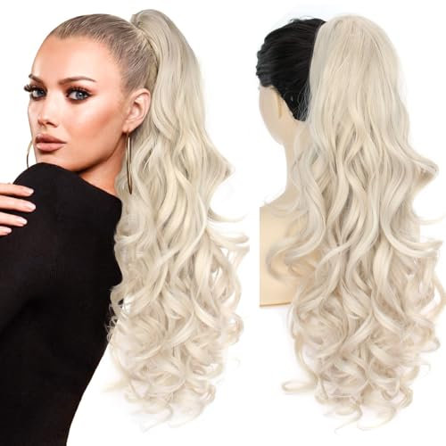 PORSMEER Pferdeschwanz Haarteil mit Klammer,Klauen Claw Clip in Haarverlängerung, 66cm Lang Voluminös Gewellt ponytail extension haarteil zopf Platinblond strähnchen farbe für Damen