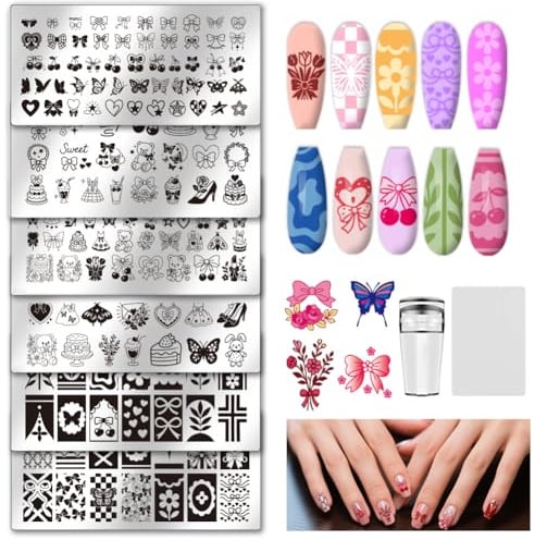UNICRAFTALE 6 Stück Nagel Stempelset Schmetterlings Blumen Tiny Bären Nail Art Stamping Platte Edelstahl Nagelschablonen Set Abstandshalter Stempel Für Maniküre Designzubehör Im Heimsalon