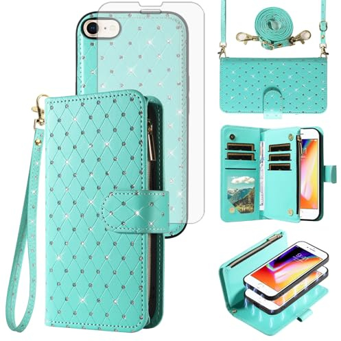 Compatible with iPhone 7/8/SE 2020/2022 Wallet Case Zipper Cell and Screen Protector Strap Bling Glitter Flip Phone Cover for iPhone7 iPhone8 7s 8s i SE2020 SE2022 2/2nd/3/3rd Women Girls Teal