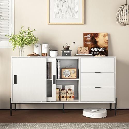 REXO Aparador moderno con puerta corredera de cristal y 3 cajones, mesa consola para entrada, armario buffet para pasillo, entrada, cocina, estudio, color blanco