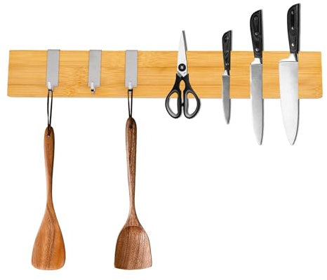 CHEFGASTRO Magnetleiste magnetische Messerleiste Messerhalter aus Bambus, 6,2x40x2,1cm, mit 3 silbernen Haken, Bambus, extra stark magnetischer Messerstreifen Messerblock zum Kleben oder Schrauben