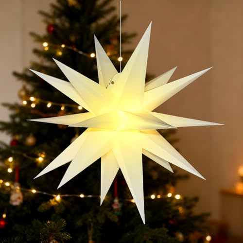 BAYHT 45cm Weihnachtsstern Beleuchtet, 3D Led Christbaumspitze Stern Batterie mit Timer, Adventsstern Stern Zum Dekorieren von Weihnachtsbaum, Innenhof, Balkon Und Garten