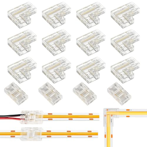 YAEGIMHT 16 Stück Led Verbinder, 12 Led Streifen Eckverbinder 4 Mittelverbinder Kompatibel mit COB LED Strip 8mm 2 Polig, Transparenter Lötfreier Led Streifen Verbinder für Ecken/Direktverbindung