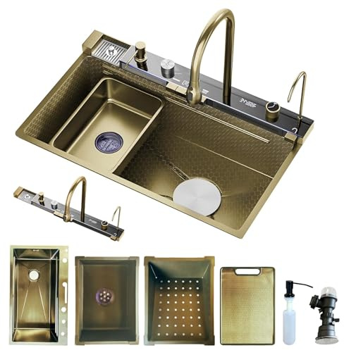 Brstheco Evier de Cuisine en Acier Inoxydable avec Robinet Mitigeur Multifonction et Douchette Extractible à 3 Jets Panier Filtrant et Planche à Découper(Spüle-6)