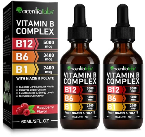 Liquid Vitamin B Complex Drops High Strength Supplement, Vitamin B12, B6, B1, Niacin & Folate, Supports Energy & Immune Support Non-GMO, Gluten-Free & Vegan- for Men & Women, Raspberry Flavour (120ml)