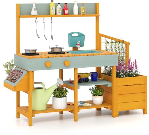 COSTWAY Matschküche Kinder Outdoor, Kinderküche mit Pflanzkasten & Rankgitter, Holzküche mit Wasserfunktion, Garten Spielküche, Outdoorküche inkl. Zubehör für Kinder ab 3 Jahren (Gelb + Hellgrün)