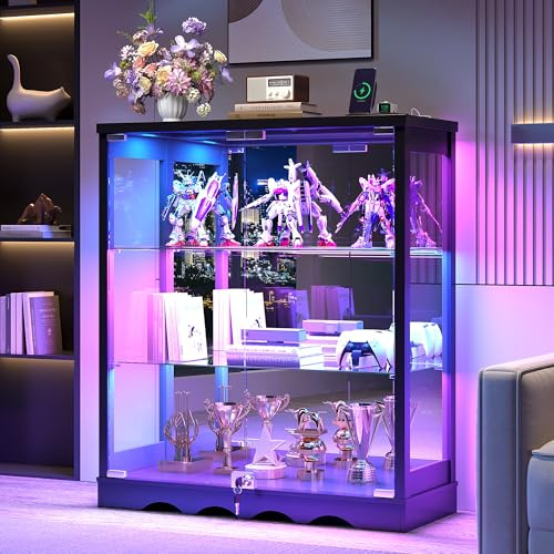 FREDEES Glasvitrine Stehend mit LED Beleuchtung, Schwarz | 3-stufige Abschließbar, Klein Vitrinenschrank mit Schloss und verstellbaren Regalen Sammlervitrine