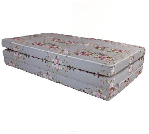 Klappmatratze 195x120x8cm, 3-teilige Faltmatratze, H2 Gästematratze , Camping Faltbare Kamping Bett, Waschbar Bezug, Erwachsene Klappbar, Reisematratze Schaumstoff Matratze (Blumenmuster Grau)